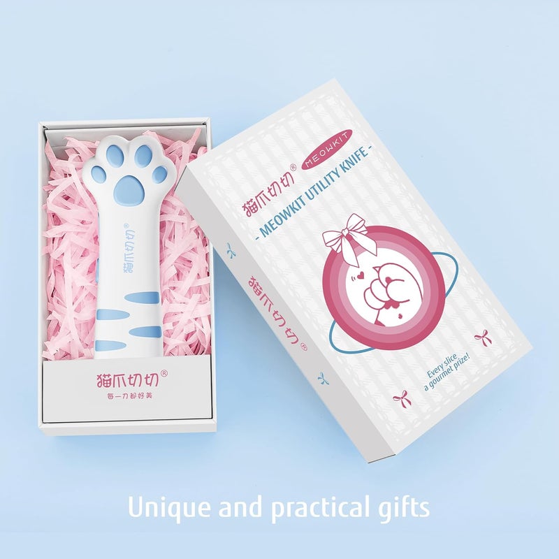MEOWKIT Cat Paw Box Cutter Retractable with Cat Paw Handle, Multifunctional Knife Set (Blue) - Image 2